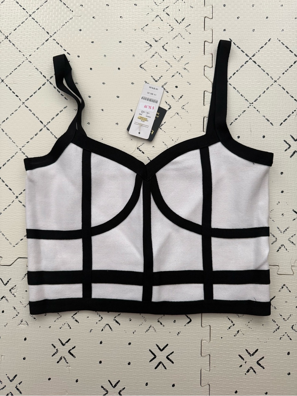bebe White and Black Grid Zip-Back Crop Top
